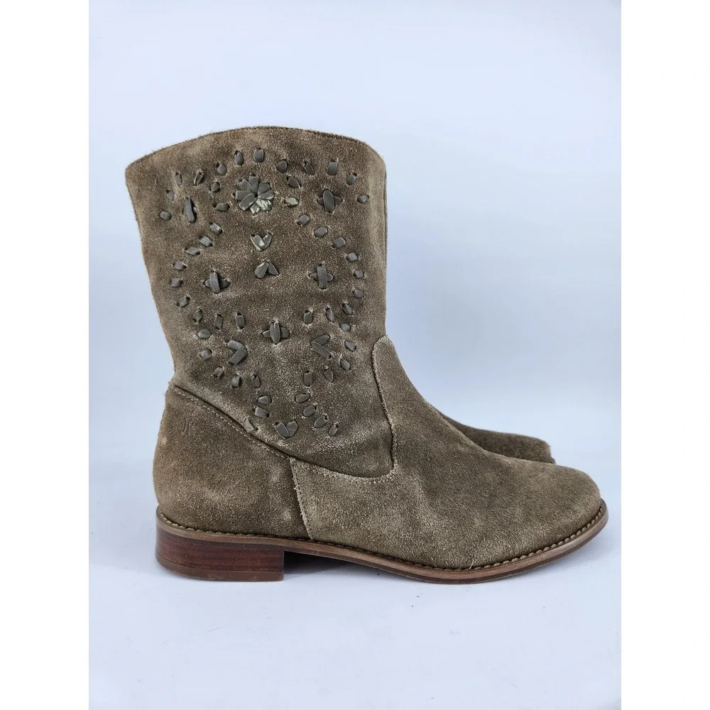 Jack Rogers Kaitlin Mid Calf Boots Womens 7M Brown Suede Whipstitch Pull‎ On